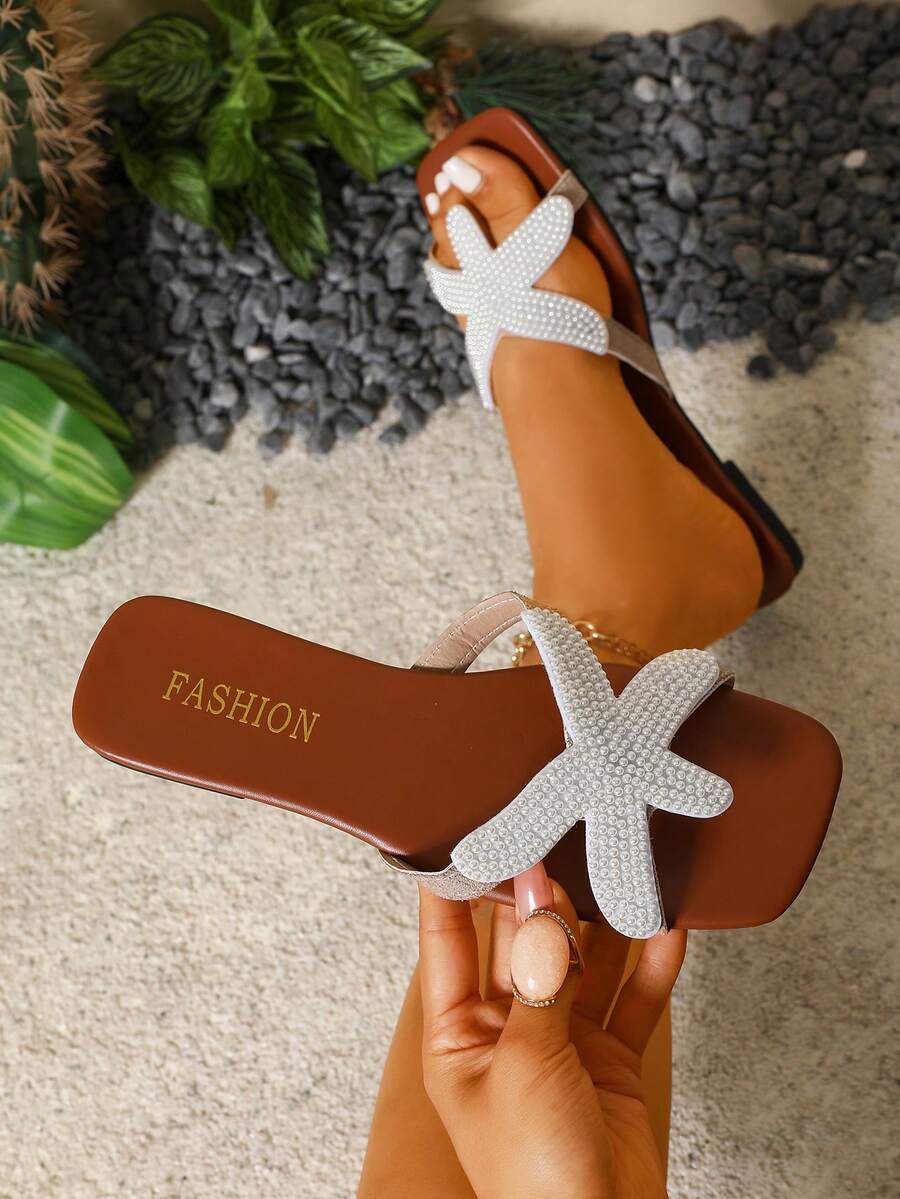 2026 New Flat Slide Sandals/Solid Color, Flat Design, Exquisite Pearl & Starfish Decor On Upper, Slip-On Style, Easy To Wear & Clean, Elegant & Refined, Fashion Versatile, Suitable For Daily Wear, Shopping, Dating, Vacation, Travel