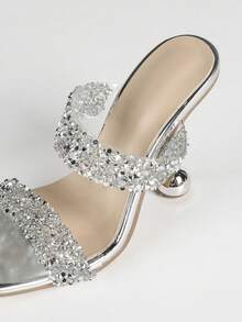 Fashionable & Elegant Women's High Heel Sandals, Double Strap With Sparkling Rhinestone Decor, Minimalist Design Silver Square Toe Stilettos, Summer Party Outdoor & Casual Wear Slip-On Sandals, Valentine's Day Gift - Silver - View 8