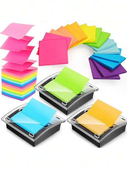 5 piezas Dispensador de notas adhesivas emergentes, soporte de notas adhesivas con tapa transparente que se ajusta a notas de 3"X3", para escuela, oficina, hogar, tienda, base negra y caja de notas adhesivas con tapa transparente