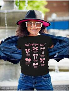 Bible Verse Inspirational Religious T Shirts Cute Girls Bow God Shirt Christian Graphic Tees Jesus Shirts For Kids New Cotton Soft Comfortable Young Girls T-Shirts - màu đen - Xem 3