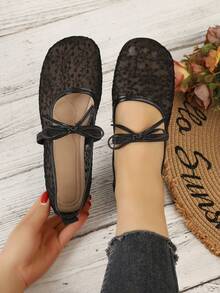 Nouvelles chaussures plates babies à bout rond en maille avec fleur en dentelle pour femmes, couleur unie, mode élégante, vacances, bohème, décontracté, fête, été - Noir - Voir 1