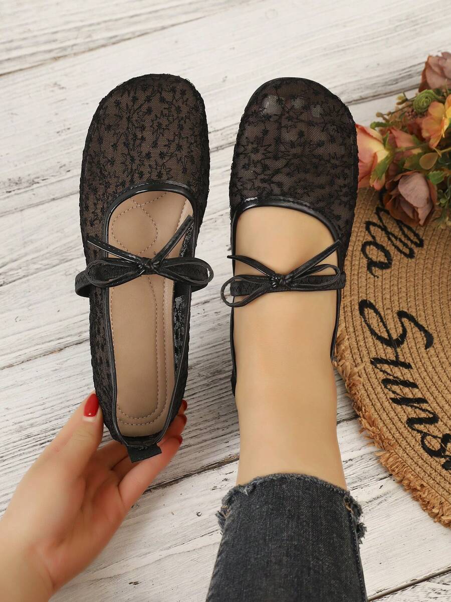Nouvelles chaussures plates babies à bout rond en maille avec fleur en dentelle pour femmes, couleur unie, mode élégante, vacances, bohème, décontracté, fête, été - Noir - Voir 1