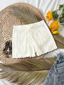 Quần short nữ mùa hè kiểu dáng thường ngày, chất liệu dệt kim, khoét lỗ, cạp chun, gấu quần lượn sóng, thích hợp mặc đi biển hoặc đi nghỉ mát. - trắng - Xem 1