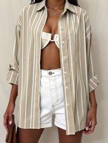 Casual Versatile Striped Lapel Button Cuff Linen Shirt, New Autumn Collection, Women's Autumn Clothing, Striped Shirt Spring - 卡其色 - 查看 7