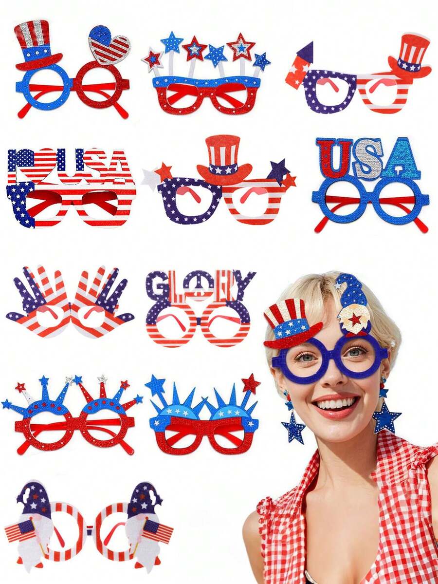 12pcs High Quality Patriotic Themed Glasses Set, Suitable For July 4th Independence Day Party, Veterans Day, Memorial Day And Other Patriotic Themed Parties. Glasses Designs Include American Letters, Stars, Top Hats And American Flag Patterns, Serving As Fun And Eye-Catching Decorations For Your Independence Day Celebration. Red, White And Blue Color Photo Props