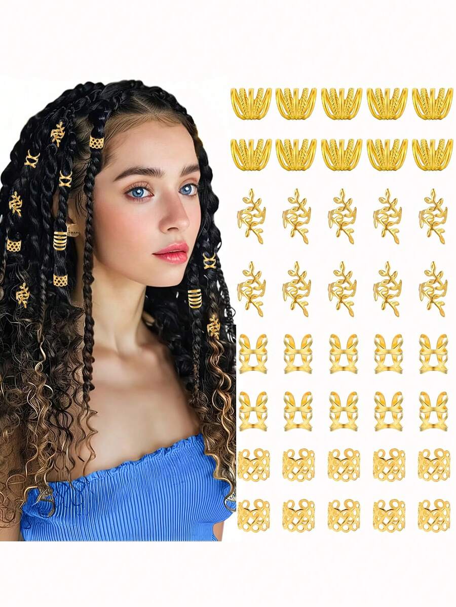 40Pcs Alloy Loc Jewelry For Hair Braid Jewelry Accessories For Women And Girls Metal Hair Rings Cuffs Clips For Dreadlock Hair Braids Jewelry Decorations For Party - Gold - View 1