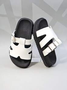 6-15 Jahre Jungen & Mädchen Sandalen, 1 Paar, Kinderstil, weiße Schnallen-Dekoration mit Buchstaben-Design, bequem & atmungsaktiv, offene Zehenpartie, dicke Sohle, flacher Absatz, lässiger Stil, Kinder Sandalen Pantoffeln, geeignet für den täglichen Gebrauch, Outdoor-Spiele, Strand / Sommer universell (Größe fällt klein aus, Empfehlung eine Nummer größer wählen) - Weiss - Übersicht 3