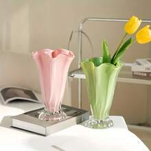 1 pieza Jarrón de vidrio con pétalos de lujo y alta gama, soporte decorativo para flores de estilo Ins adecuado para flores frescas en la sala de estar, decoración de mesa de comedor, jarrón francés - A - Ver 5