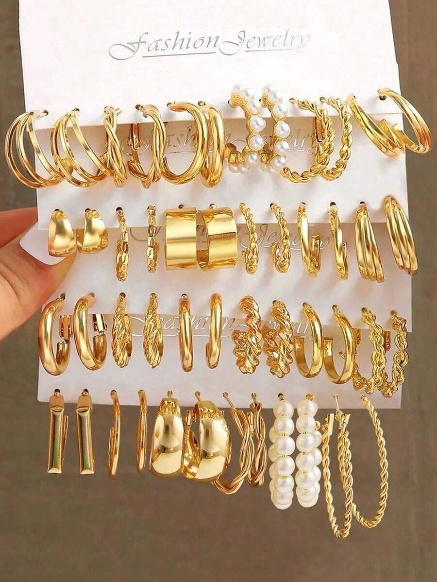 48 Pairs Fashionable Faux Pearl, Geometric & Twisted Hoop Earrings, Perfect For Parties, Dates, Gifts And Daily Wear - 黃金 - 查看 1