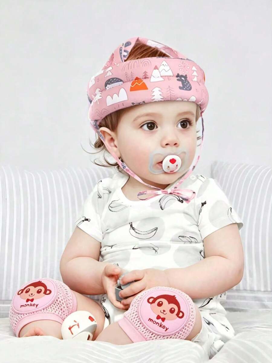 一套婴儿幼儿防滑头盔和护膝，帮助他们学习走路、爬行、跑步、玩耍，并防止头部受伤。