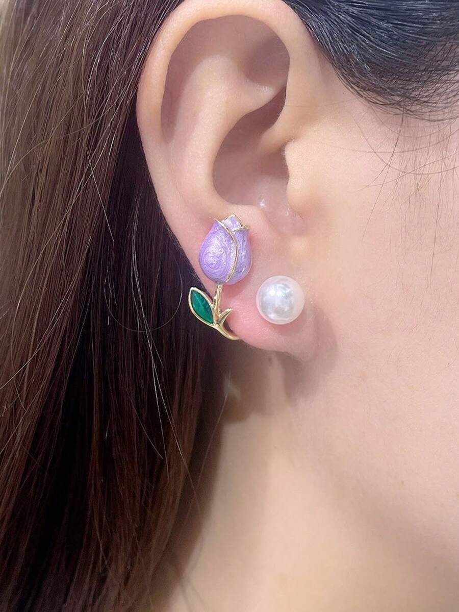 1 Đôi bông tai hình hoa tulip màu hồng, gồm hai chiếc bông tai, nhỏ nhắn và thời trang, đa năng, ngọt ngào và thanh lịch, thích hợp cho mùa hè, trang sức, lễ hội, phụ kiện. - Màu tím hoa cà - Xem 1