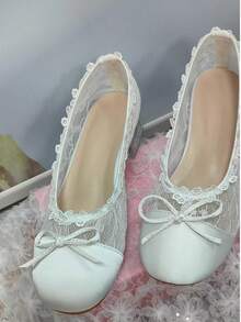 Gentle Princess Style Wedding Shoes Bridesmaid Shoes Lace Mesh Ruffle Bow Ballet Mary Jane Women's Shoes Slimming Foot Crystal Transparent Heel Breathable Versatile - White - View 7