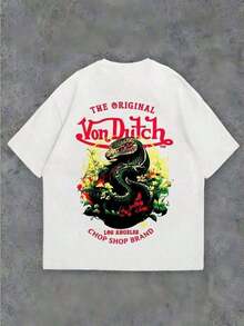 White 1pcs Women's Double Side Print Von Ditch Dragon Floral Design Red And Green Print Fabric Soft & Skin-Friendly Unisex Style Gifts For Spring Festival, Valentine's Day, St. Patrick's Day & World Cup-Van Dutch Dragon Print Women T Shirt Classic Americana Style Graphic,Summer Outfits,Vacation Outfits Women,Summer Outfits For Women,Spring Outfits For Women,Summer Tops,St Pattys Day Outfit,Easter Outfit Women - Màu vàng - Xem 2