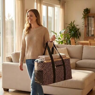 Extra Large Multifunctional Tote Bag, Reusable Shopping Picnic Bag, Durable Foldable Tote - Leopard Print, Polyester Oxford Cloth Material, Multi-Compartment Design, Essential Picnic Storage Bag