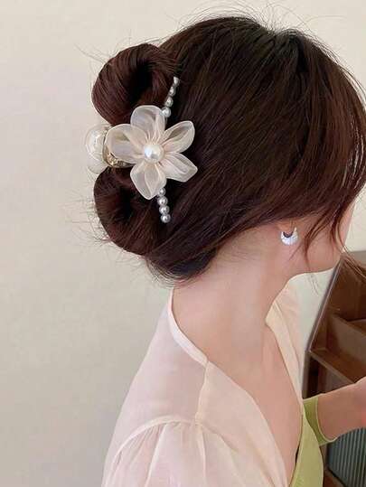 1 chiếc kẹp tóc hình cá sấu bằng lưới đính hoa và ngọc trai, kiểu dáng thanh lịch Bohemian, thích hợp cho trường học, đại học, trang phục nghỉ mát mùa thu/đông, mùa hè.
