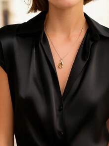 Women's Solid Color Polyester Fiber Front Button Shirt, Office Wear For Summer Black - Black - View 4