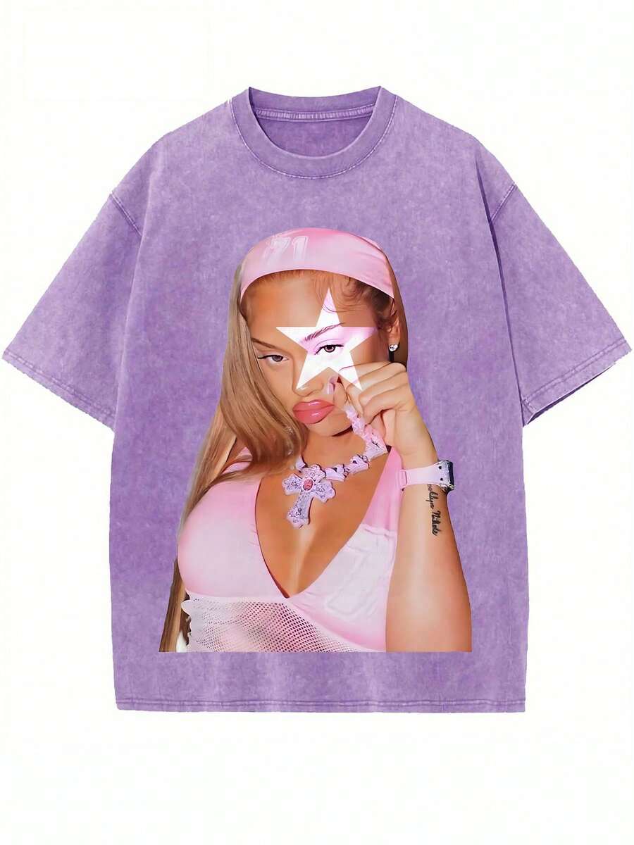 Casual Purple Cotton Blend Short Sleeve T-Shirt For Women, Y2K Streetwear Graphic Print Round Neck Top - Màu tím - Xem 1