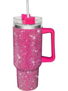 40 Oz (Approximately 1134.0 Grams) Flat-Bottomed Cup, Glittery Glass Cup With Handle, Rhinestone Tumbler, Shiny Cup, Stainless Steel Water Bottle, Diamond-Embellished Glass Cup, Suitable For Women, Mothers, And Girlfriends (Purple-Red) - 淡紫色 - 查看 1