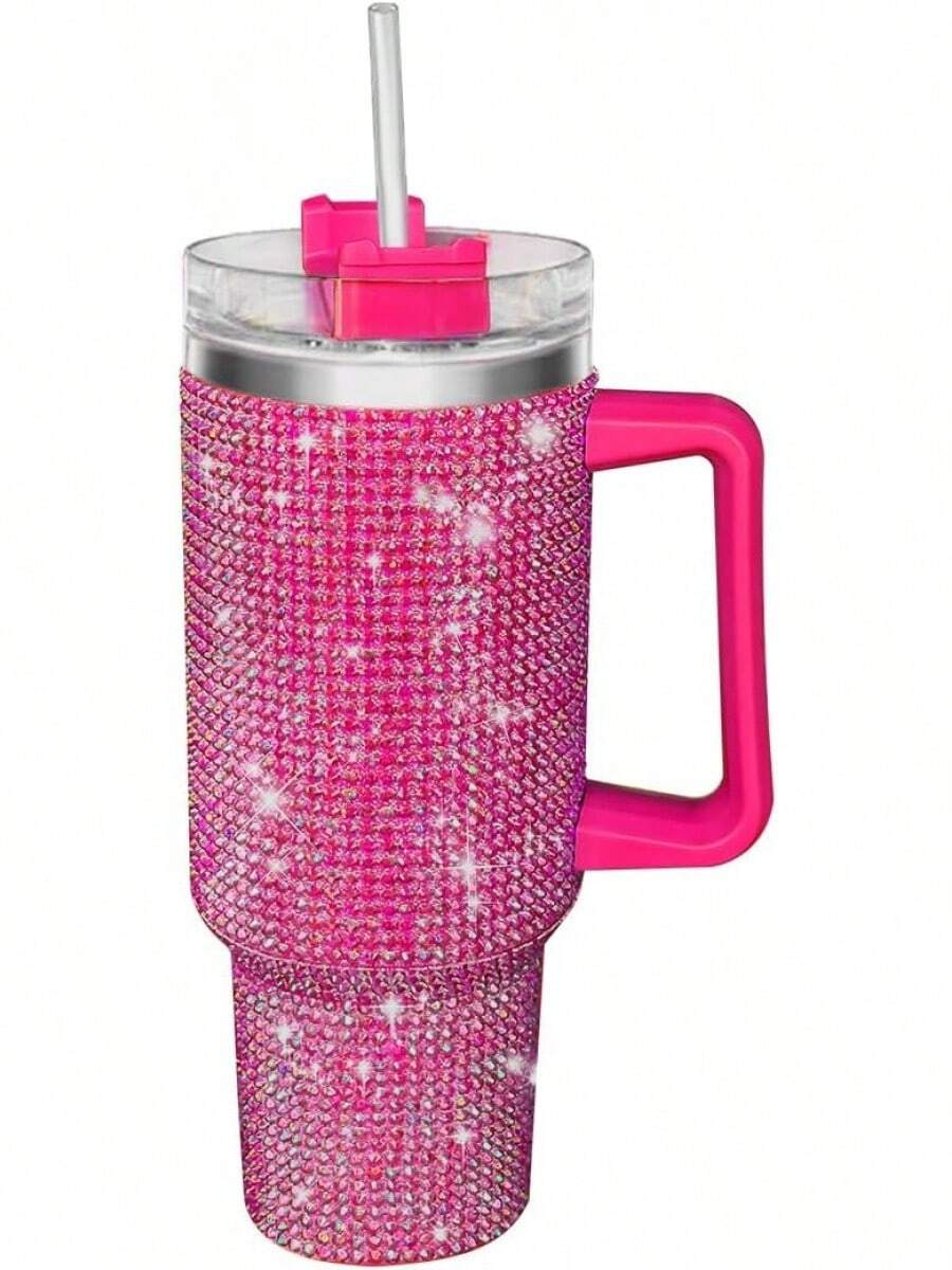 40 Oz (Approximately 1134.0 Grams) Flat-Bottomed Cup, Glittery Glass Cup With Handle, Rhinestone Tumbler, Shiny Cup, Stainless Steel Water Bottle, Diamond-Embellished Glass Cup, Suitable For Women, Mothers, And Girlfriends (Purple-Red) - 淡紫色 - 查看 1