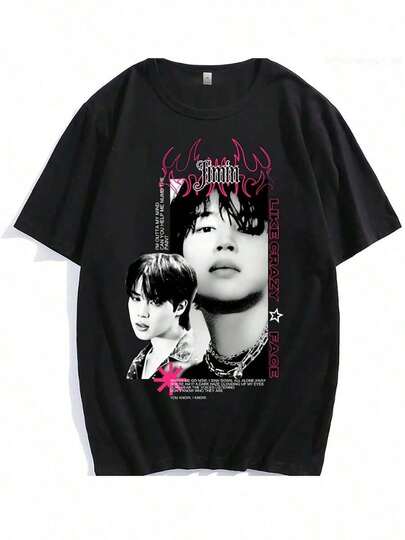 Camiseta gráfica inspirada en Jimin para hombre - Camiseta de algodón negra con cuello redondo y mangas cortas con estampado rosa y blanco, cómoda y elegante para uso casual, ropa para todas las estaciones |   Camiseta con estampado gráfico |   Ajuste cómodo