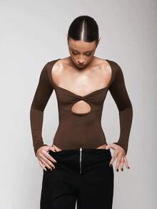 Low-Cut Bodysuit With Long Sleeves, Comfort And Style - Rust Brown - View 3