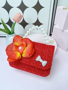 1Pc Girls Red Tweed 3D Flower Handbag, Faux Pearl Handle Rhinestone Bow Decor Mini Crossbody Bag, Elegant Kids Bag For Birthday Gift Party - Flowers - View 4