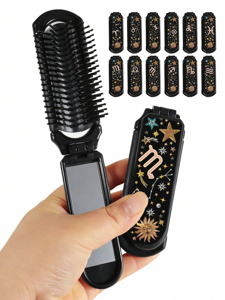 12 Zodiac Signs Foldable Comb, 1pc Foldable Design Comb With Star Chart, Stars, Sun, Moon Elements, Y2K Millennium Style, Portable With Mirror, Girly Aesthetic, Retro Star Sun Foldable Comb, Mini Travel Comb With Mirror, 2-In-1 Hair Styling And Makeup Touch-Up, Suitable For Carrying And Gifting - Multicolor - View 1
