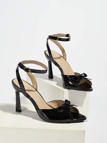 女士高跟凉鞋，法式黑色漆皮蝴蝶结单带露趾高跟凉鞋，适合夏季穿着，细跟露趾优雅高跟鞋，西部风格婚礼搭扣派对高跟鞋 - 黑色 - 查看 7