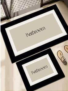 2pcs Minimalist Rectangular Bathroom Mat Set, Black & Beige Geometric Border Bath Rug, Letter Graphic Anti-Slip Floor Mat 60*100 和 50*60 - 土耳其製造 - 銅色 - 查看 5