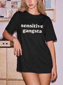 2026 “敏感黑帮” 女士睡衣上衣，印花T恤，女士夏季睡衣上衣，Y2K家居服 - 黑色 - 查看 7