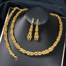 3pcs 18K Gold Chunky Chain Jewelry Set, Vintage Necklace Bracelet Earrings For Women Party Wear - Gold - View 1