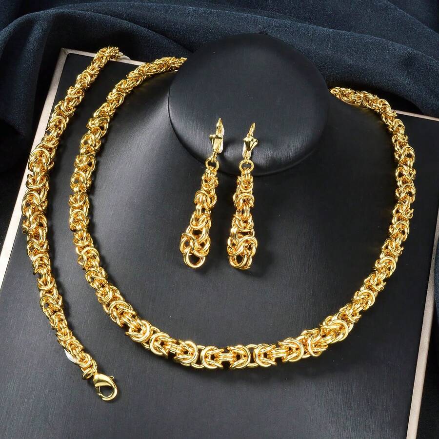 3pcs 18K Gold Chunky Chain Jewelry Set, Vintage Necklace Bracelet Earrings For Women Party Wear - Gold - View 1