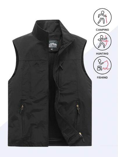1 Stück Herren Outdoor Sport Stehkragen Weste mit Stickerei, bequeme Anglerjacke für den Sommer Schwarz