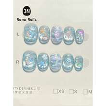 10Pcs Beach Essential Blue Cat Eye Press-On Nails Short Shape– Shimmering Little Fish & Starfish Design, Nails With Ocean Glow Press-On Nails: Blue Cat Eye Shimmer With Starfish & Jellyfish Designs (Xs/S/M/L) Nail Supplies Nails - 淺藍色 - 查看 9