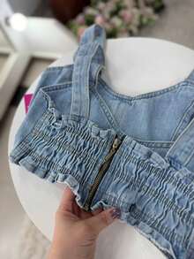 Women's Cropped Denim Top With Straps And Back Detail - 大理石紋 - 查看 4
