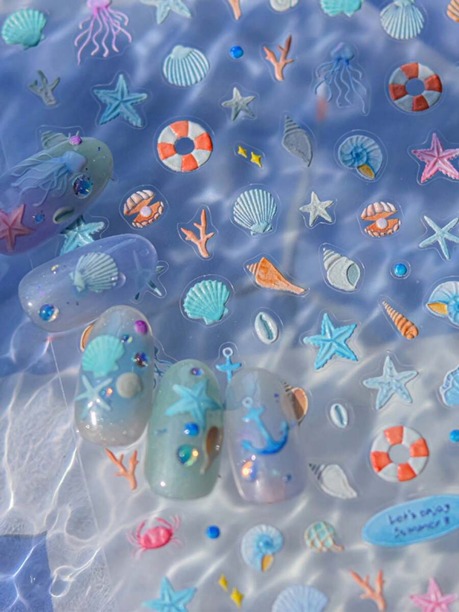 1pc 5D Exquisite Summer Sea Series Nail Art Stickers Cartoon Colorful Shell Fish Manicre Decorations Decals Accessories DIY - Multicolor - View 1