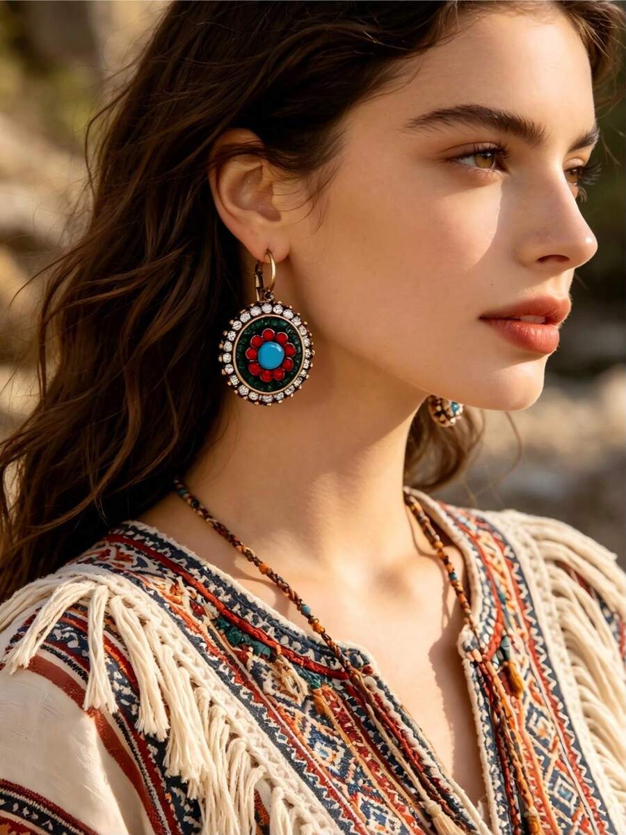 Vintage Turquoise Inlay Statement Ring – Bohemian Style Open - Ended Adjustable Band With Engraved Flower Pattern - Multicolor - View 1
