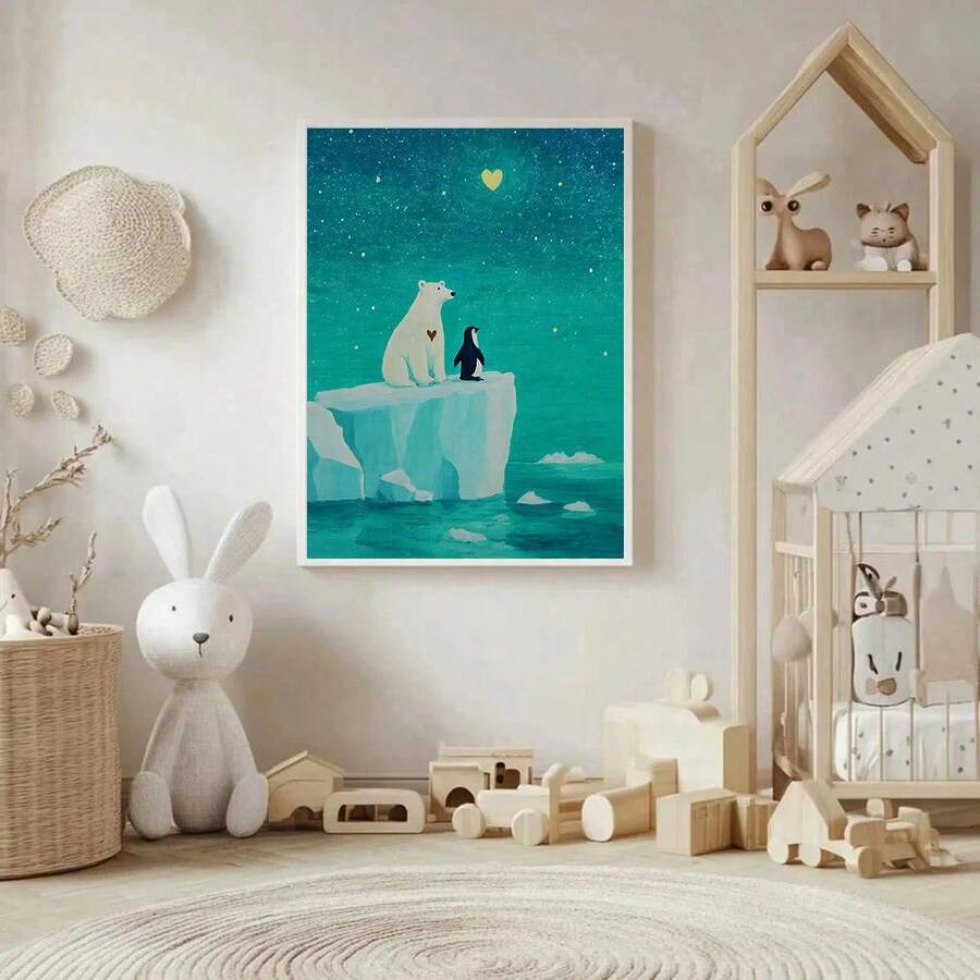 A Polar Bear And Penguin Art Print, A Whimsical Winter Painting, Lovely Animal Friendship Wall Decor, Blue Night Sky Christmas Home Decoration, Nursery Wall Art. - Multicolor - View 1