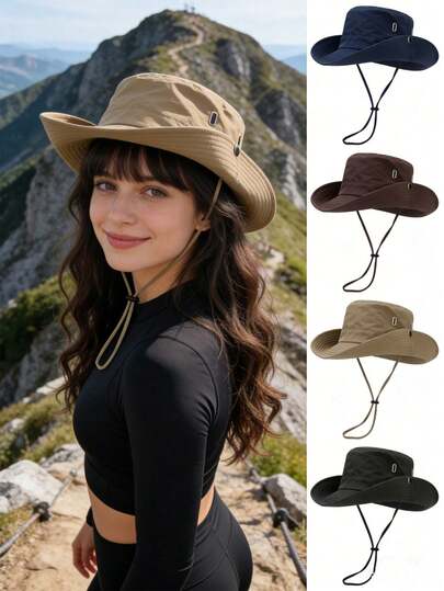1顶纯色宽檐渔夫帽，休闲运动防晒帽，可调节户外运动礼物（帽顶缝线颜色随机）