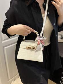 Crocodile Embossed Scarf Decor Flap Cover Tote Bag, Solid Color Embossed Handbag With Fashionable Metal Lock Decor, Mini Shoulder Crossbody Bag For Home, Shopping, Commuting - White - View 6