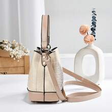 优雅漆皮鳄鱼纹手提包，时尚春夏单肩斜挎包，大容量通勤水桶包，送给妈妈的礼物，约会礼物，四季皆宜 - 卡其色 - 查看 3