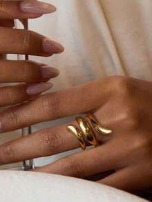 1pc Stainless Steel Open Curve Smooth Minimalist Ring, Gold Color, Versatile Daily Wear For Women - Ring - View 1