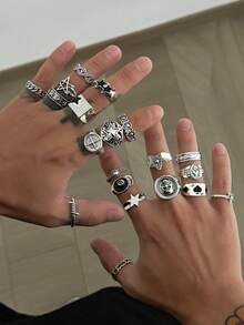 Set de 20 piezas de anillos góticos vintage de plata, estilo punk, adecuados para hombres, con diseños de calavera, estrella y motocicleta, anillos apilables para uso casual, fiesta o como regalo - Plata antigua - Ver 8