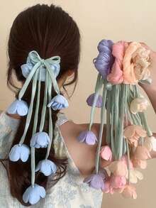 飘逸铃兰丝带发圈，温柔侧马尾发圈，甜美发髻发绳，适合可爱女孩 - 彩色 - 查看 1