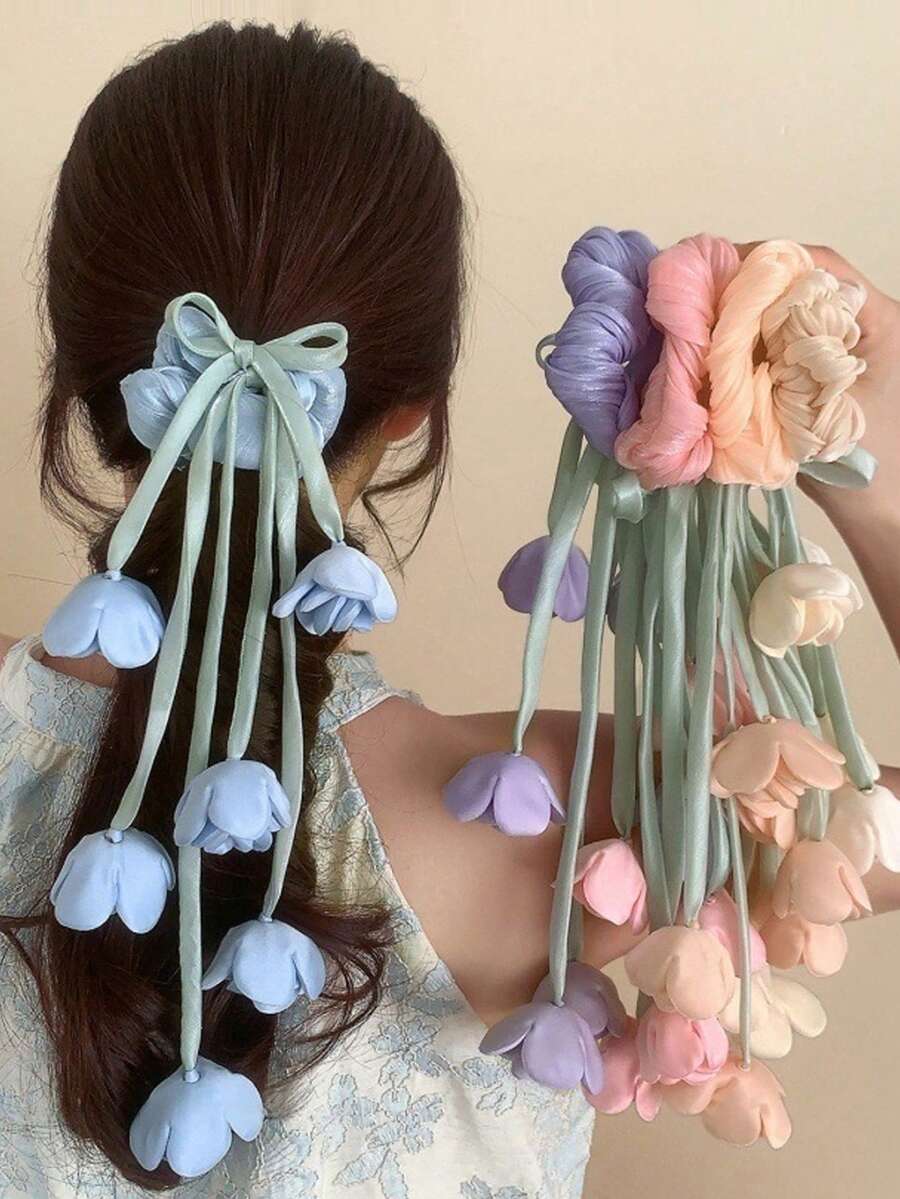 飘逸铃兰丝带发圈，温柔侧马尾发圈，甜美发髻发绳，适合可爱女孩 - 彩色 - 查看 1