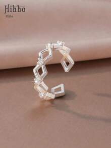 Hihho 1 chiếc nhẫn hở hình thoi hình học đính đá Zirconia, thiết kế đính đá Zirconia kiểu pave, thích hợp đeo hàng ngày, hẹn hò, dự tiệc và các dịp trang trọng. - nhẫn kim cương - Xem 2