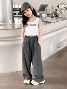 少女寬腿褲，休閒百搭長褲新款兒童服裝 - 灰色 - 查看 2