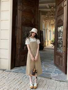 Đầm denim midi không tay màu trơn, kiểu dáng thường ngày, có xẻ tà, dành cho nữ, mùa xuân/hè. - Màu Khaki - Xem 3