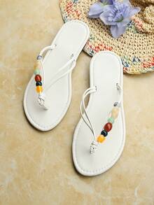 Women's Flat Sandals, Beaded Beach Flip Flops, Summer Flat Sandals - White - View 6