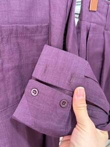 Linen Shirt And Shorts Set (2 Pieces) - Purple With Pockets - View 9